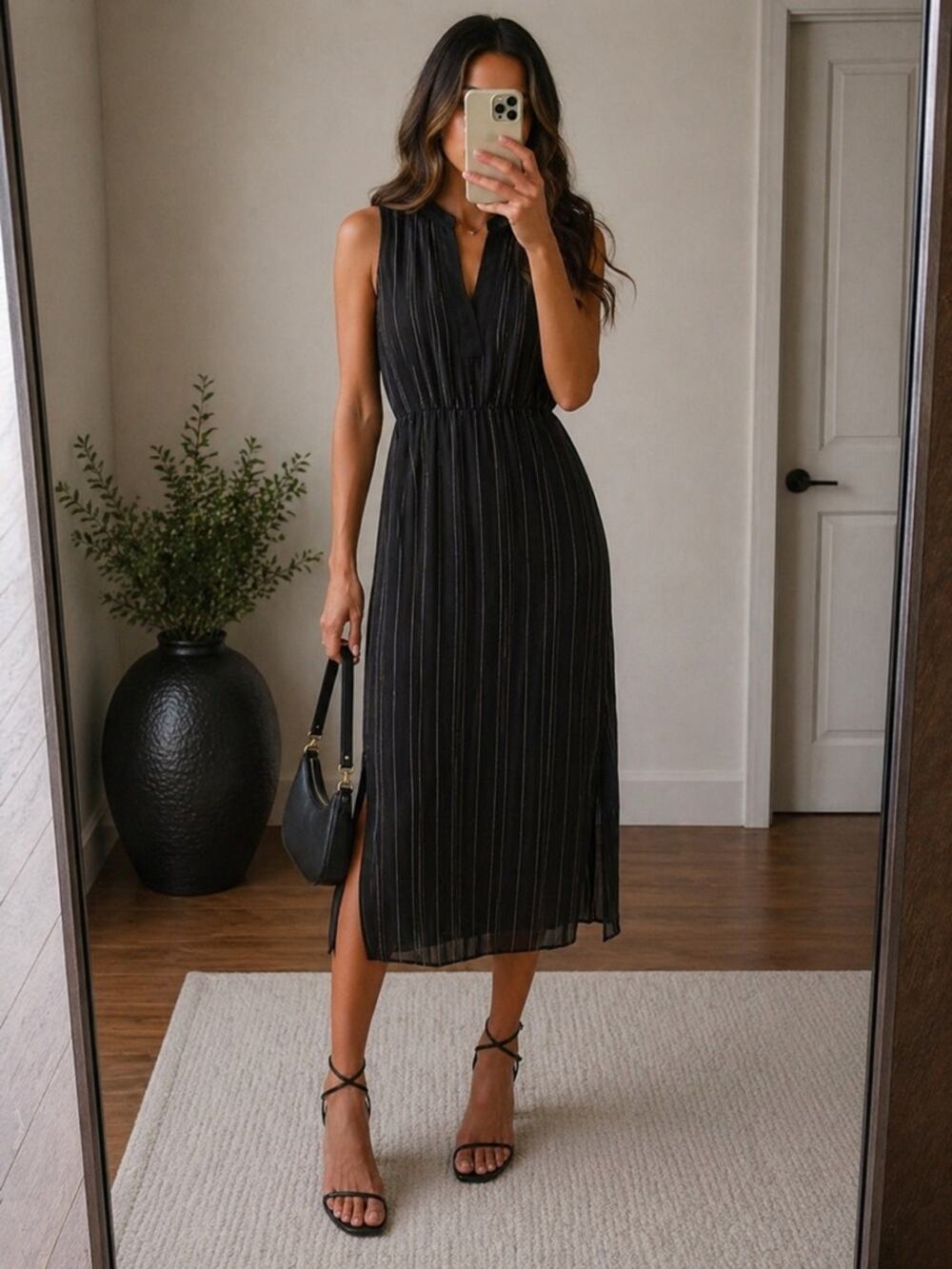 VINCE x Revolve Drapey Stripe Tiered Midi Dress | Black‎ Pinstripe Minimialist 0